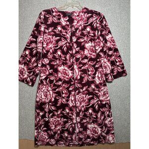 Miss Elaine Medium House Coat Robe Floral Womens Velour Zip Pink Burgundy